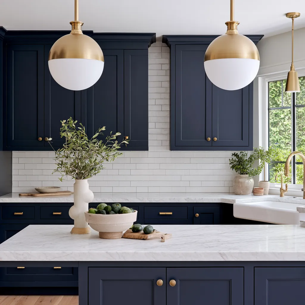 Home blue color scheme kitchen design with navy blue shaker cabinets and white marble surfaces