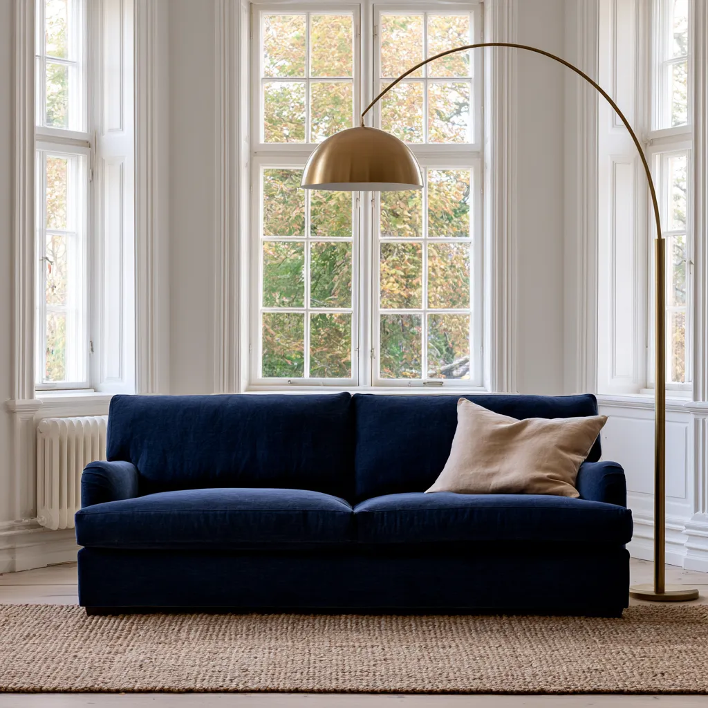 Home blue color scheme living room with navy sofa, brass accents and soft natural light
