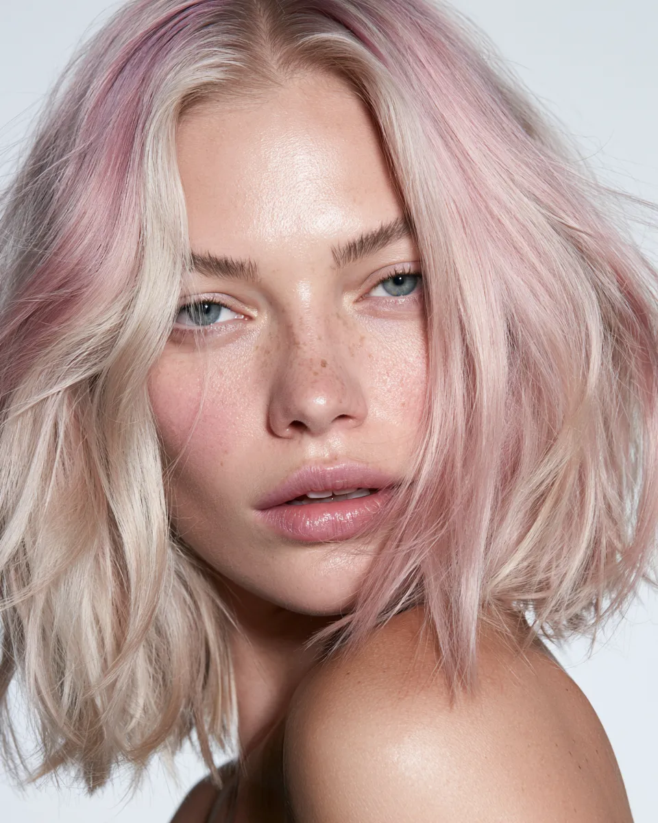 lob rose-or cheveux blonds reflets rose doux ondulé