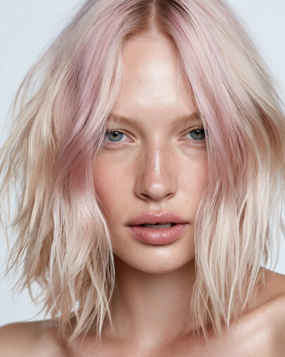 carré coloré rose platine blond tones éditorial beauté