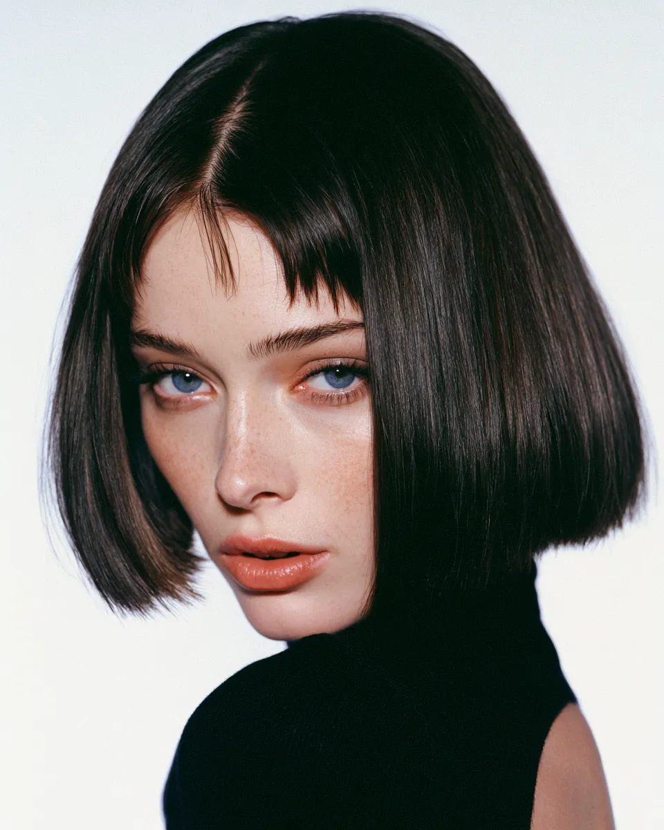 carré classique cheveux lisses noirs brillants studio