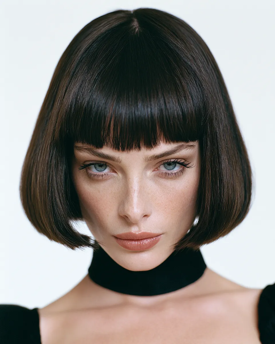 femme carré précis cheveux noirs raie nette portrait