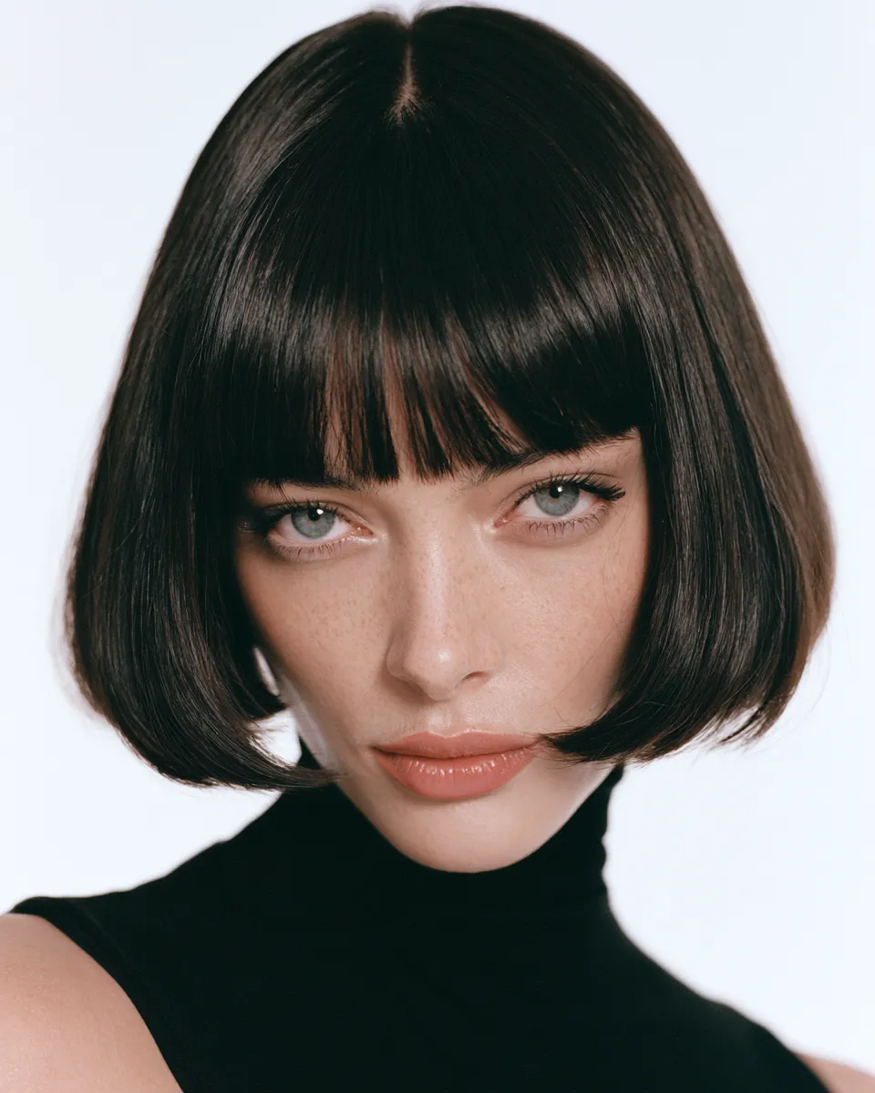 femme carré blunt net lisse brins noirs brillants