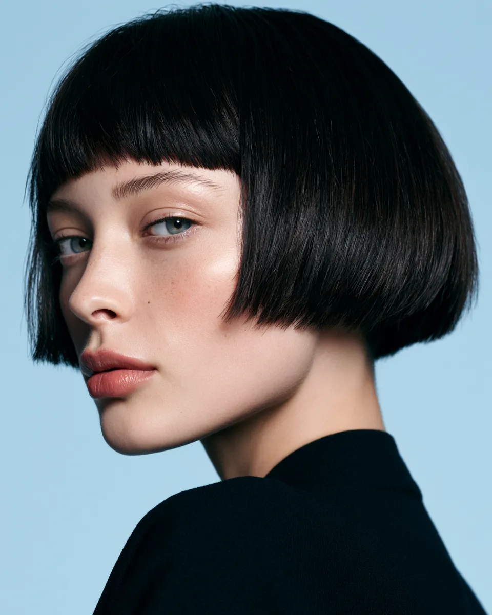 micro carré lissé blunt bords acérés cheveux foncés éditorial