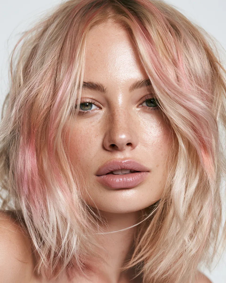 femme carré rose-or long ondulé cheveux rose pâle