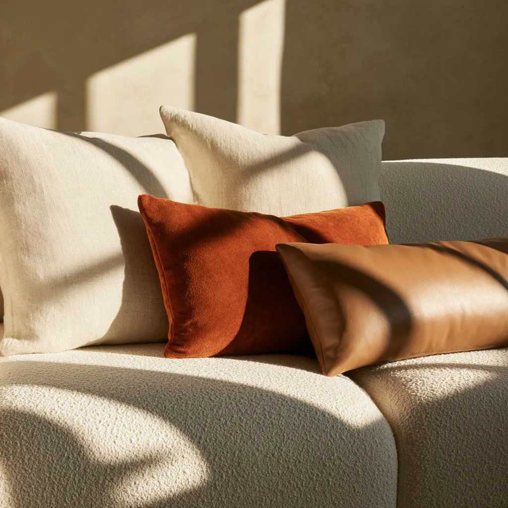Stylisation coussins crème bouclé terra cotta velours lin