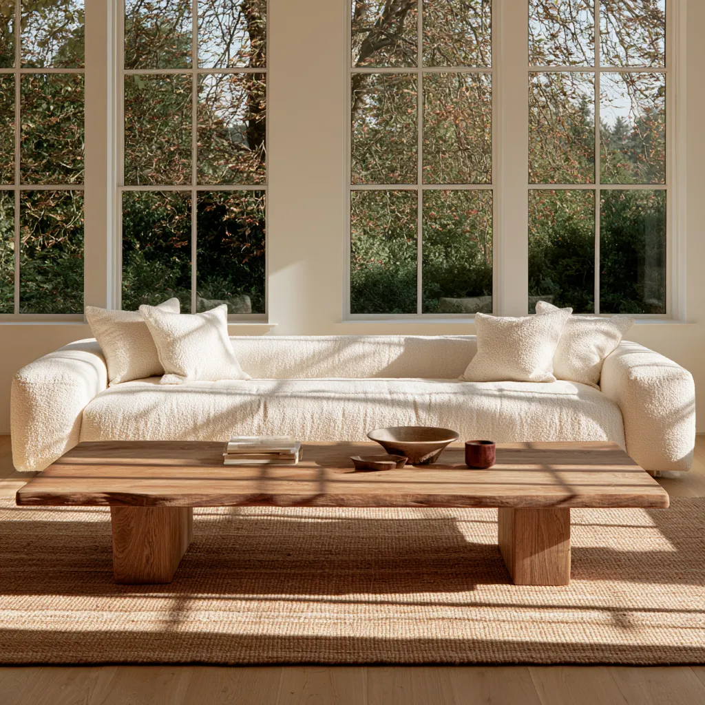 Espace bouclé ivoire minimaliste naturel bois clair