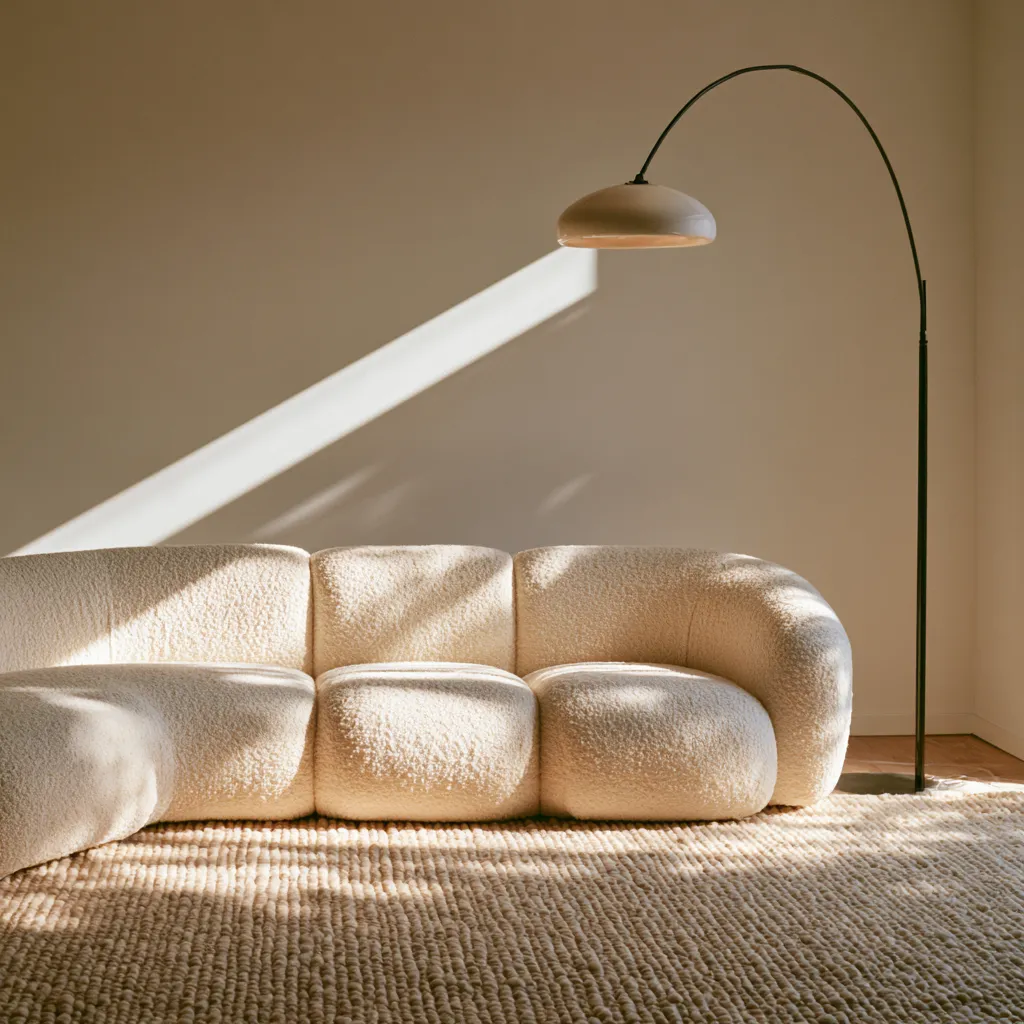 Canapé crème bouclé arc lamp éclairage chaud dimension