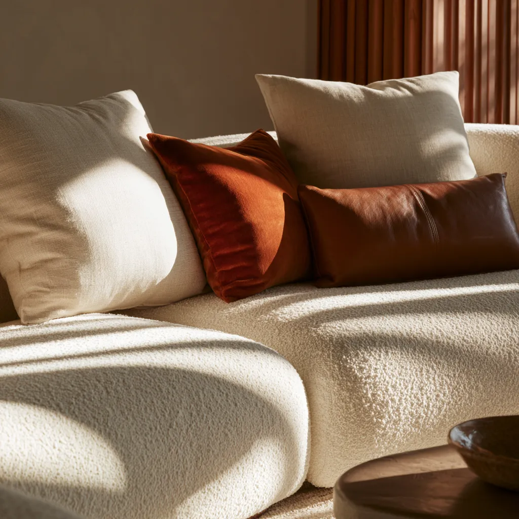 Composition coussins canapé crème bouclé terra cotta cognac