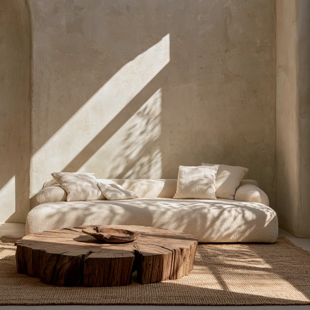 Espace canapé bouclé chaud style tonalité laine