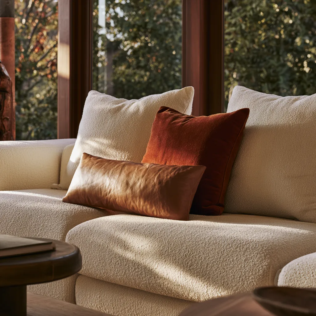 Canapé bouclé coussins terra cotta velours lin cuir cognac