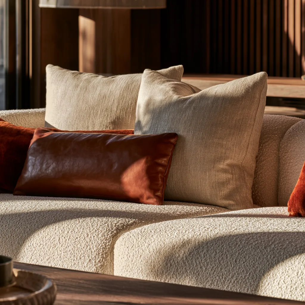 Arrangement coussins canapé bouclé matières mixtes velours lin cuir