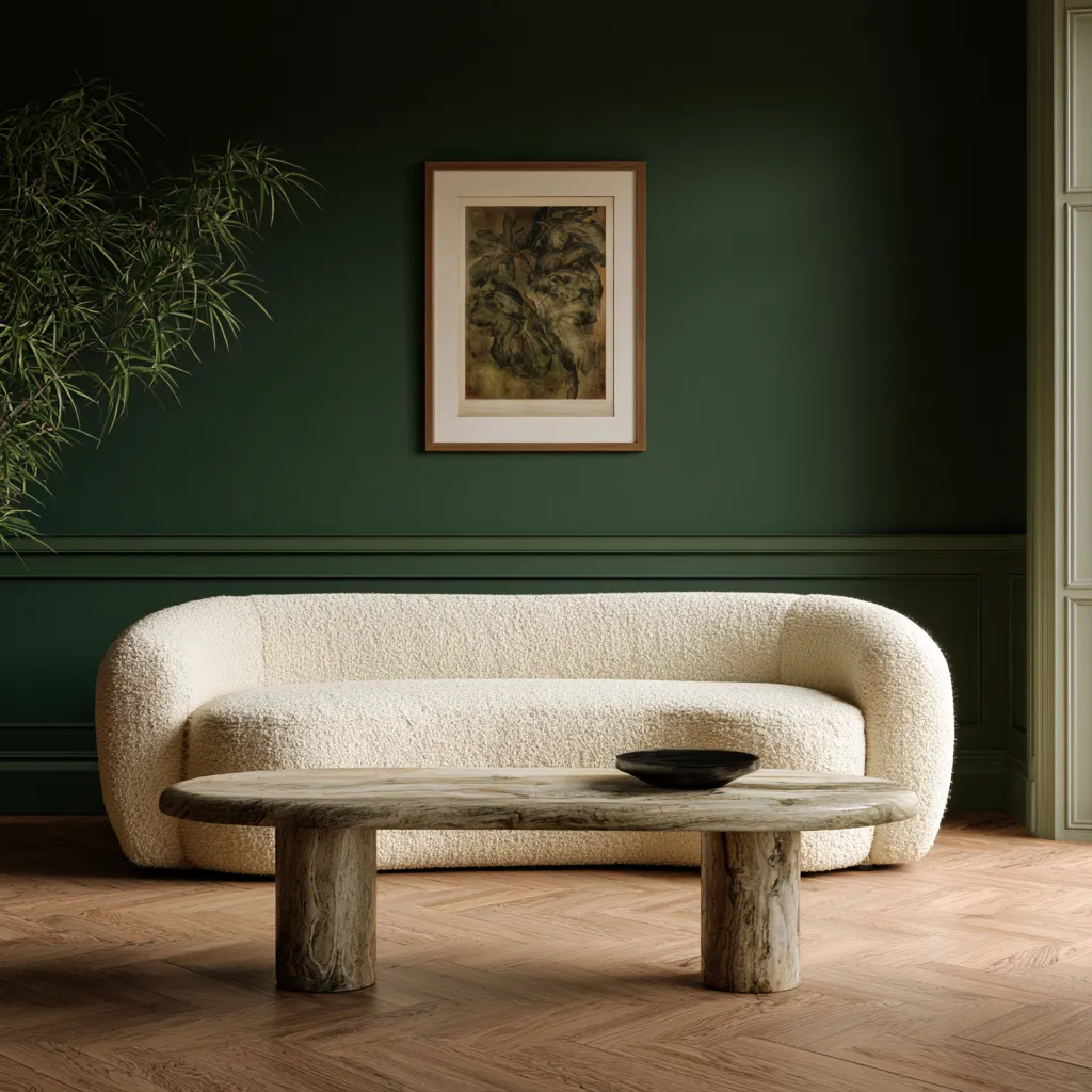 Canapé bouclé crème mur vert forêt foncé table travertine