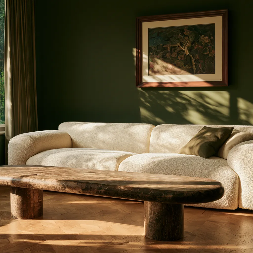 Salon canapé crème mur vert contraste table chêne