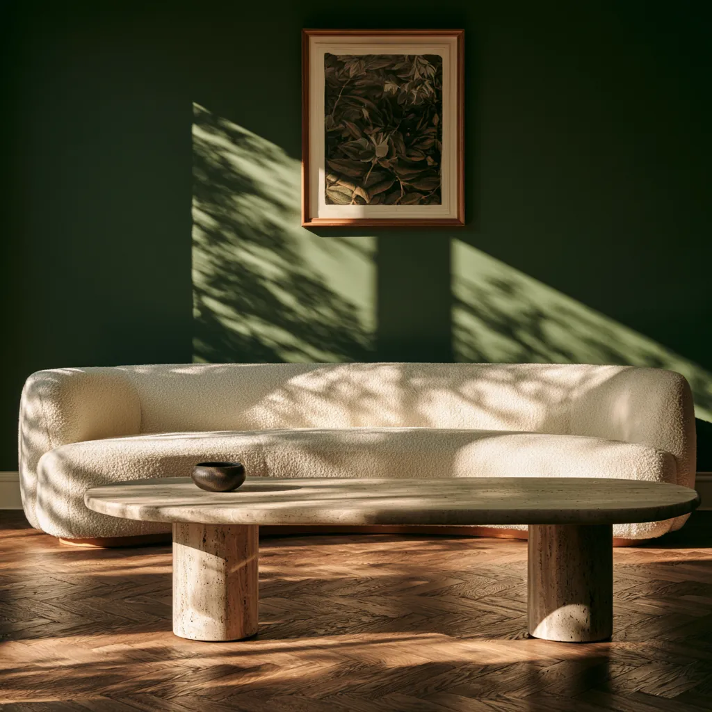Intérieur bouclé ivoire mur vert foncé mobilier bois