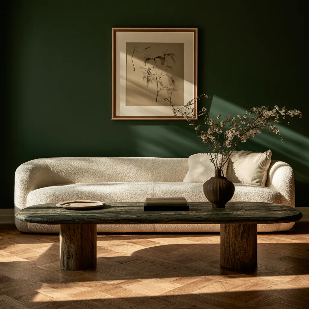Pièce canapé bouclé blanc mur vert bois clair