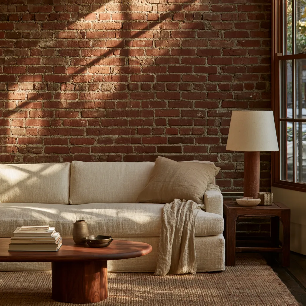 Exposed brick wall in living room interior with warm lighting and minimal linen furniture