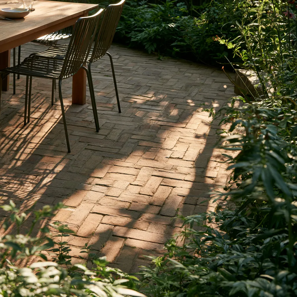 Brick patio design with herringbone bond and outdoor dining furniture in late afternoon editorial light