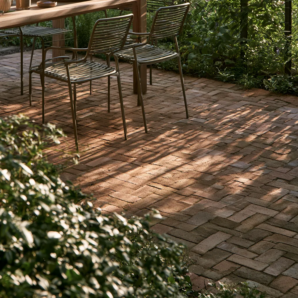 Backyard brick patio ideas with outdoor dining set and long afternoon shadows on clay paver surface