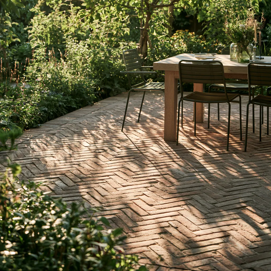 Exterior brick design for patio area showing herringbone pattern with garden dining arrangement
