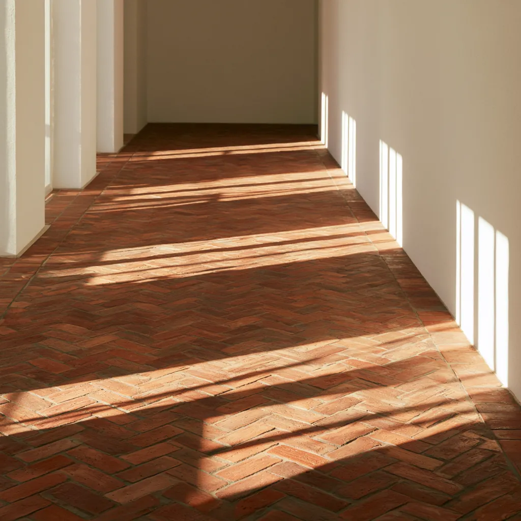 Brick floor ideas for modern home hallway showing pattern detail in terracotta tones