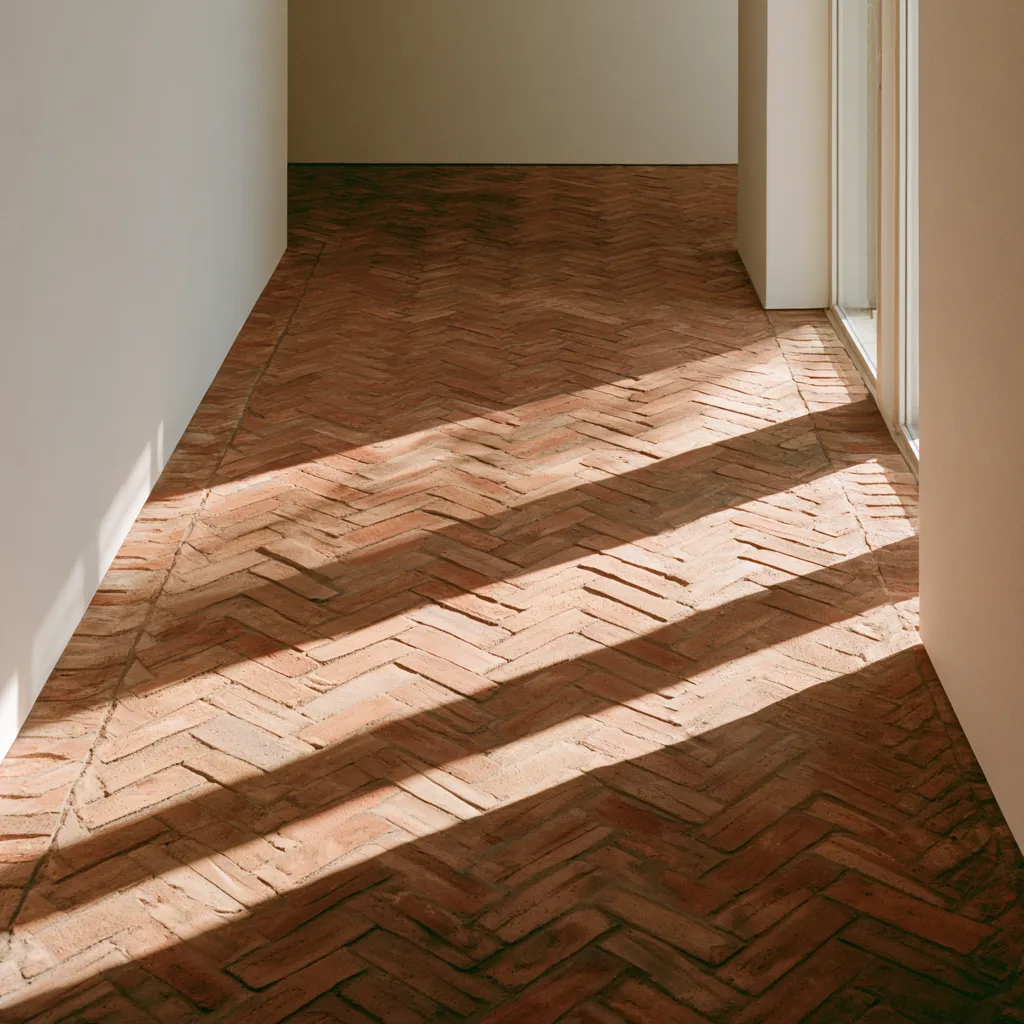 Brick design ideas for floors with herringbone bond layout in editorial interior photography