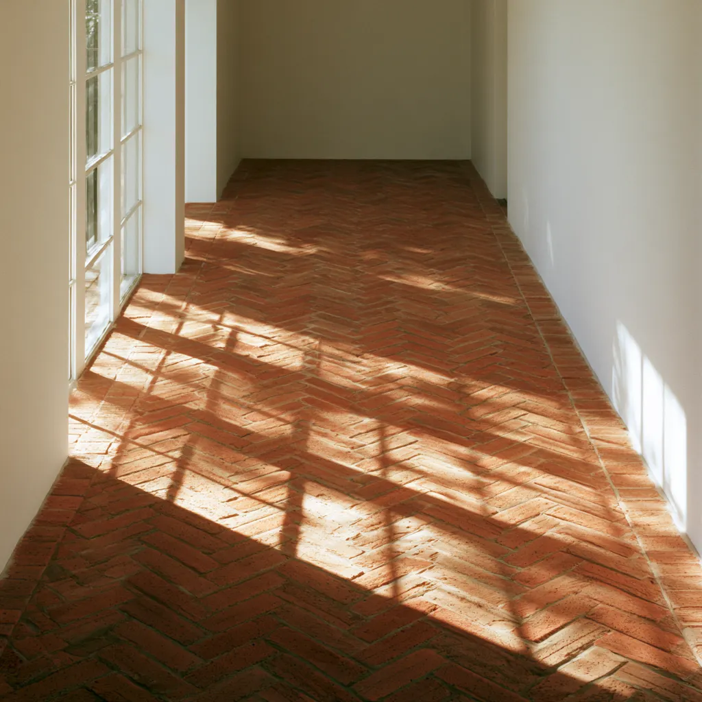 Herringbone brick floor in terracotta tones photographed in architectural editorial style with raking sidelight