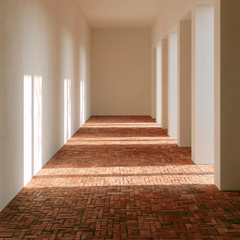 Interior brick floor design in herringbone pattern with warm natural light across clay paver surface