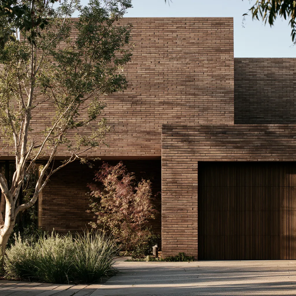 Modern brick design ideas for home exterior walls with long-format units and minimal landscaping