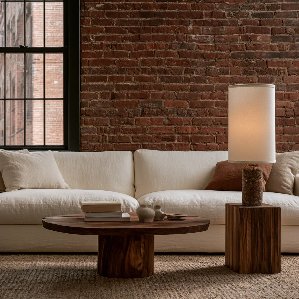 Red brick interior wall design in contemporary living room with teak accents and editorial styling