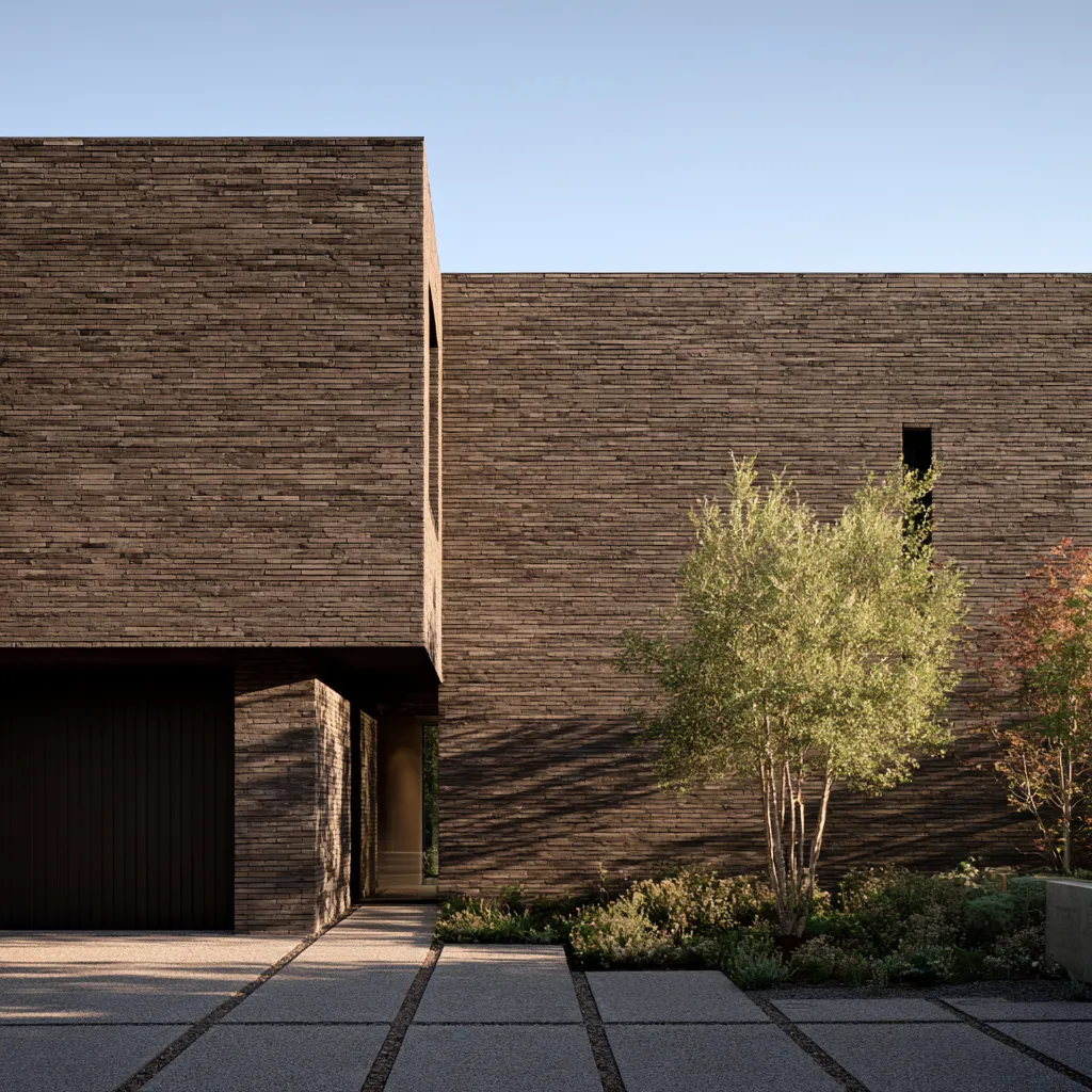 Exterior brick wall design with modern long units and deep shadow lines on contemporary house