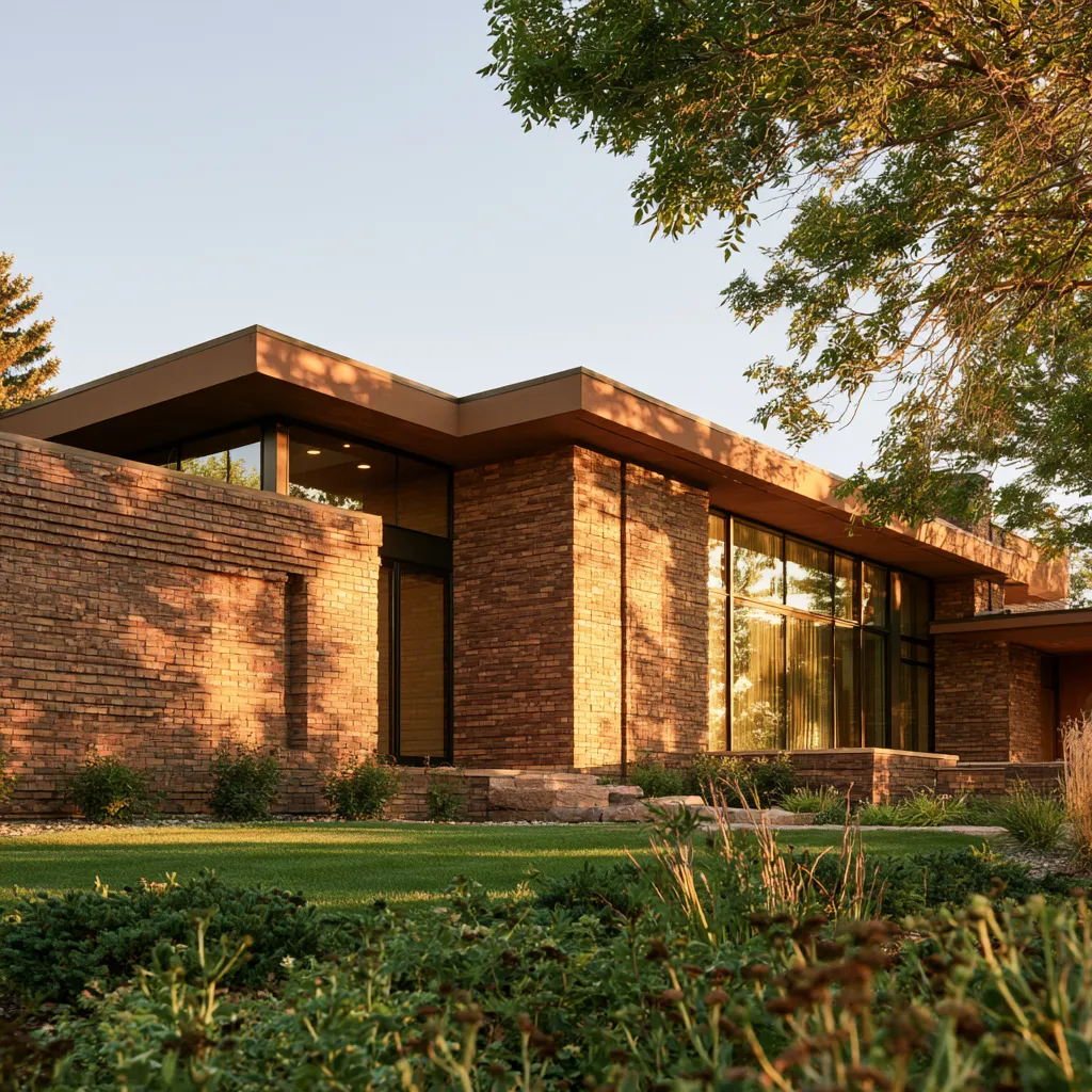 Contemporary brick house exterior with raking afternoon light highlighting clay unit texture