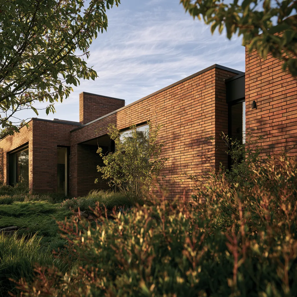 Modern brick design ideas for home facades with deep mortar joints and landscaped foreground