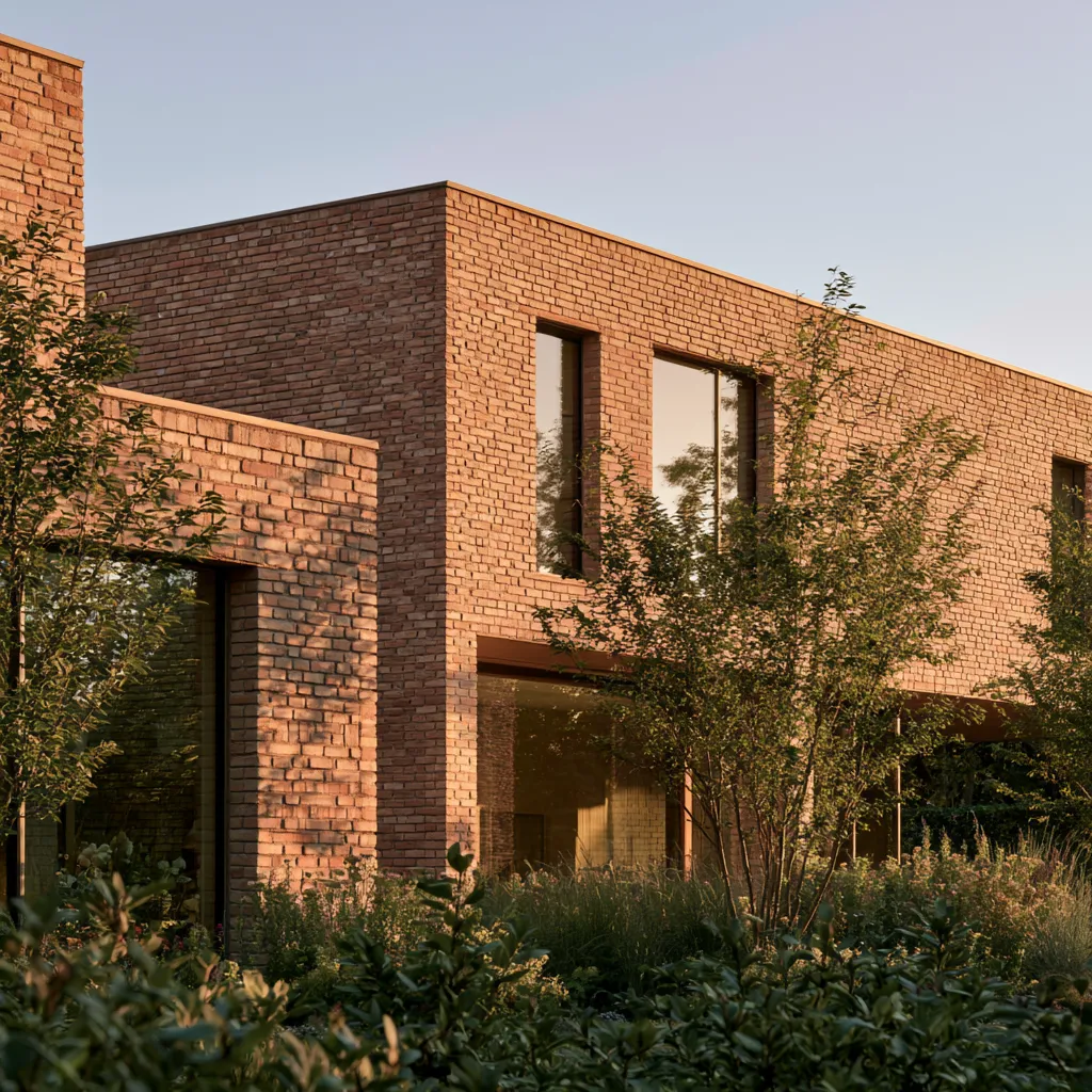 Exterior brick wall design showing warm clay tones against a clear sky in editorial lighting