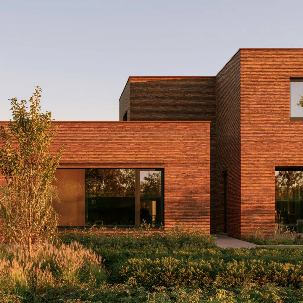Brick facade architecture photography capturing material depth and shadow patterns at golden hour