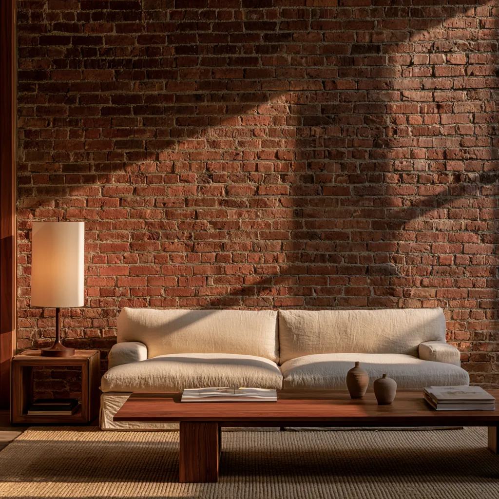 Living room brick wall ideas with mixed incandescent and natural light creating warm atmosphere