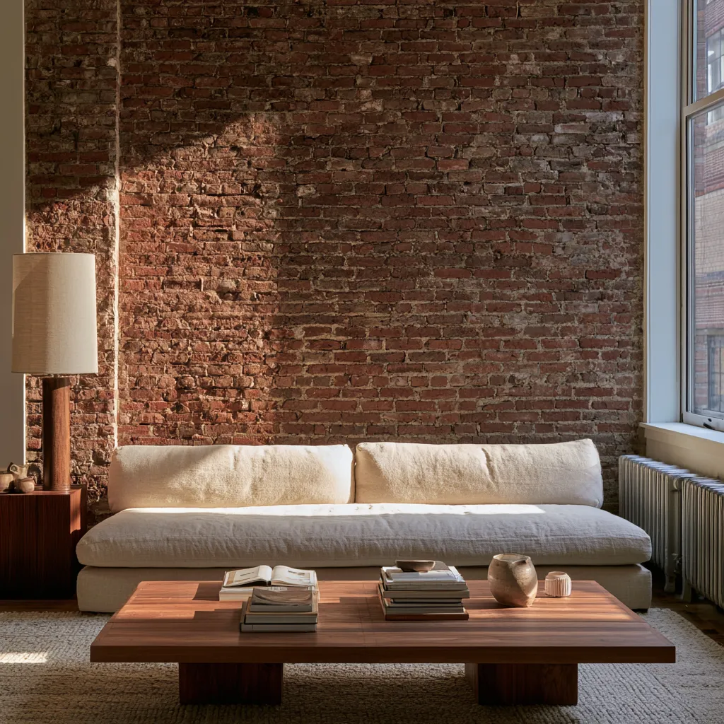 Interior brick design ideas for accent wall with sofa and ceramics in architectural editorial style