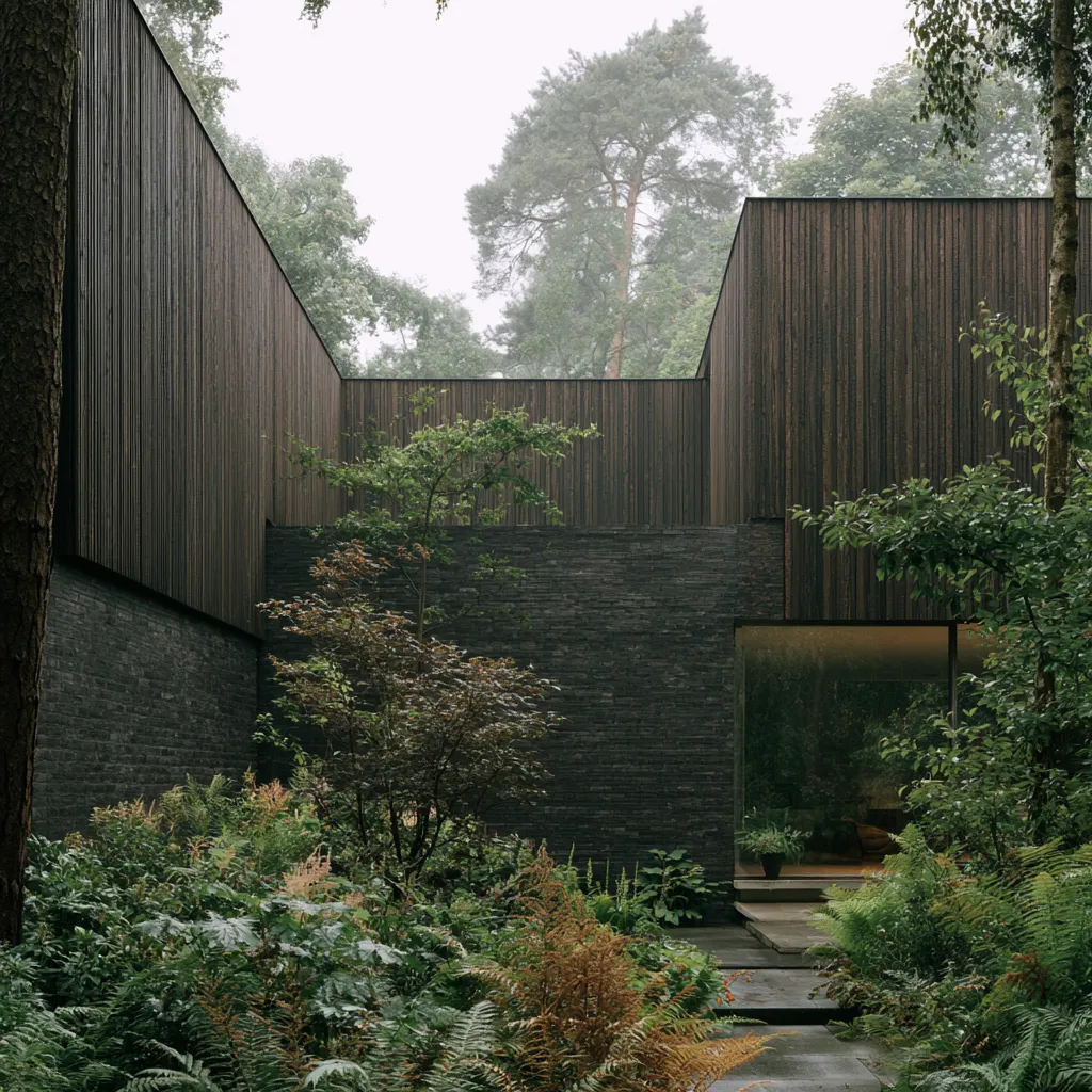 Modern brick house design with contrasting cladding materials photographed in diffused garden light