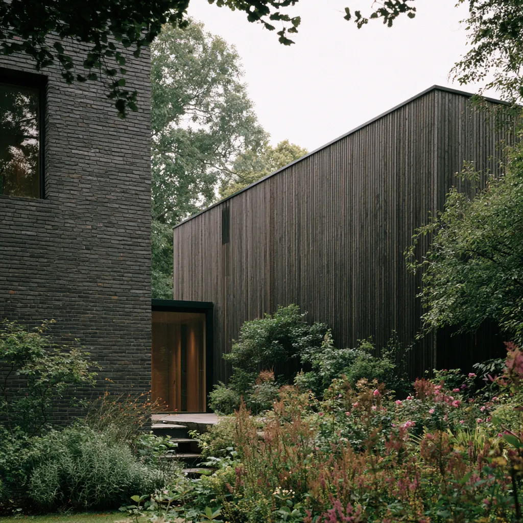 Brick and timber cladding material junction on contemporary house exterior in overcast editorial light