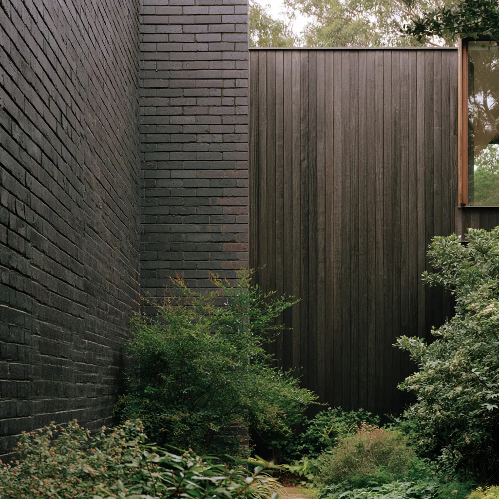Mixing brick and wood exterior cladding with deliberate material joint in dark clay tones