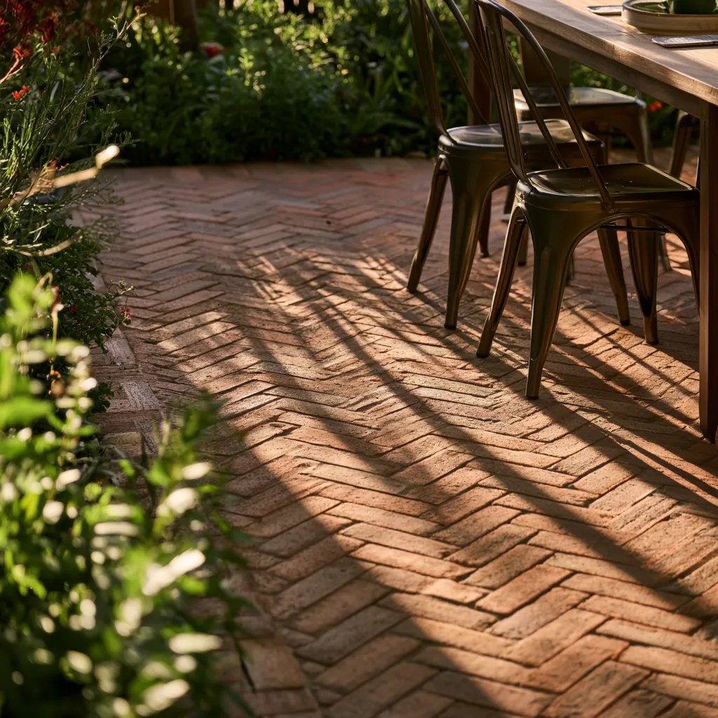 Brick floor design for outdoor patio with metal furniture and lush garden edge in warm sunlight