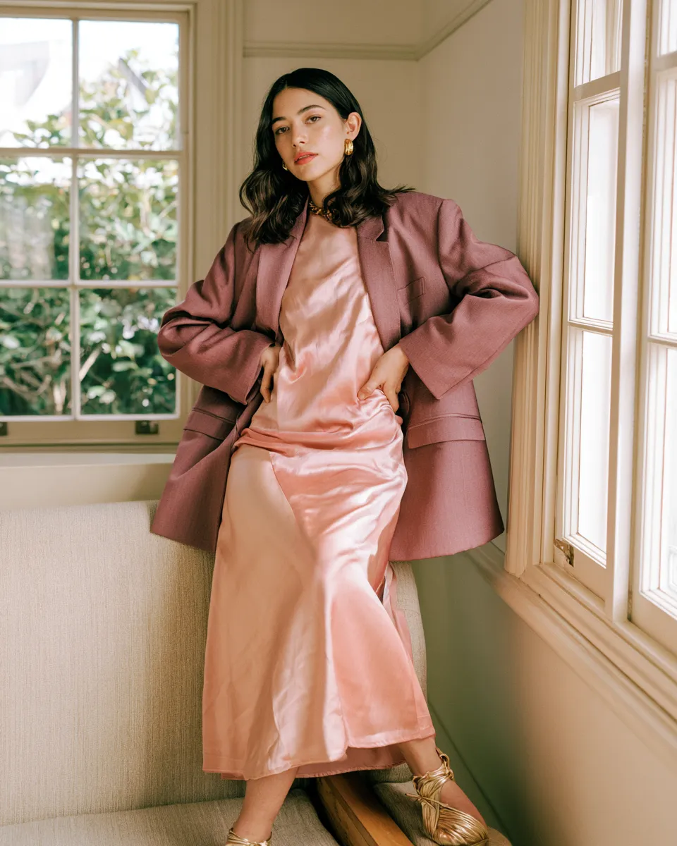 bridal shower bridesmaid look ideas satin midi dress structured blazer gold accessories