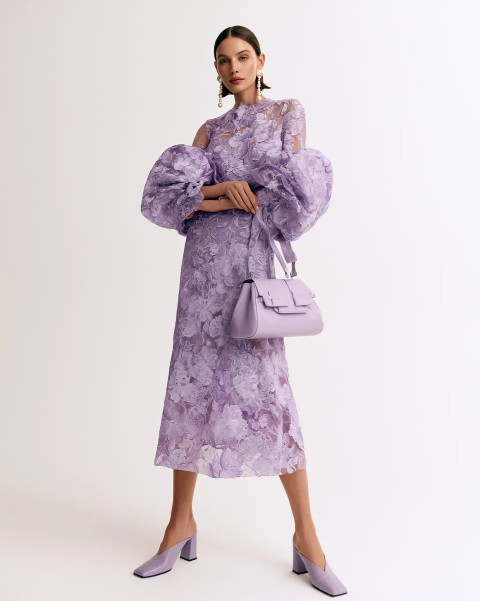 bridal shower outfit styling ideas lavender dress pearl jewellery block heel
