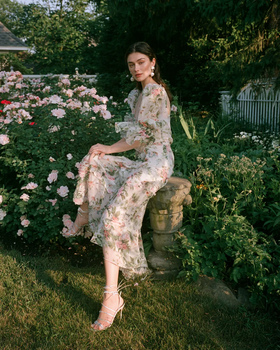 garden party bridal shower guest outfit floral dress pearl accessories