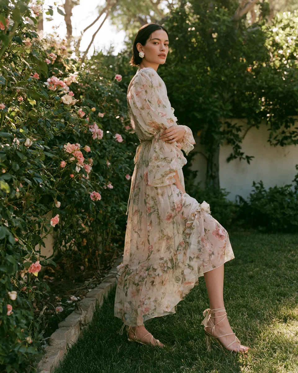 feminine bridal shower attire ideas pastel midi dress standing model