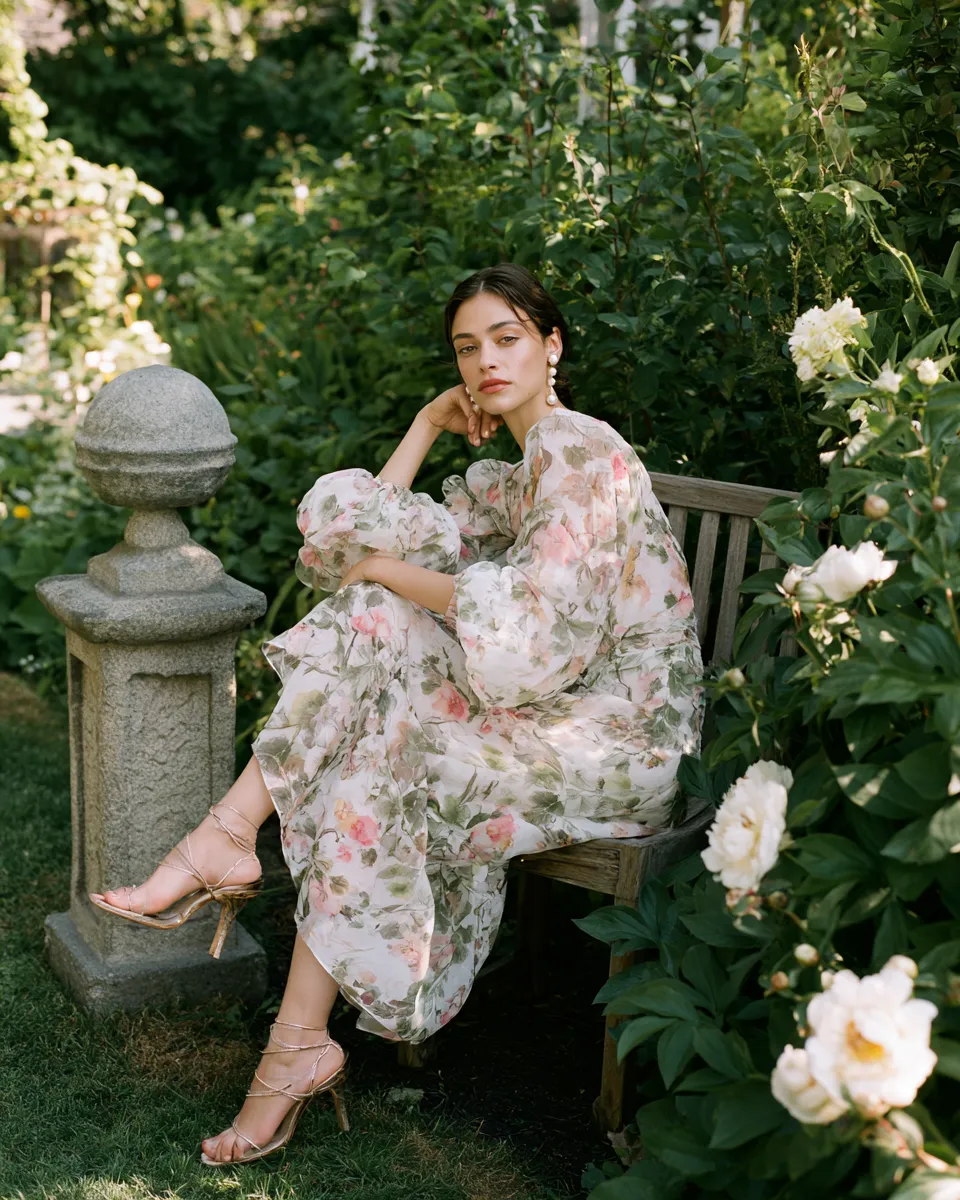 elegant bridal shower outfit ideas with floral midi dress and heeled sandals