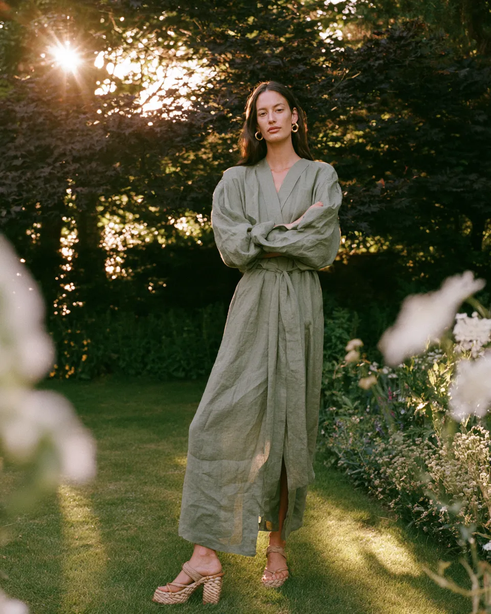outdoor bridal shower guest look sage linen wrap dress summer styling