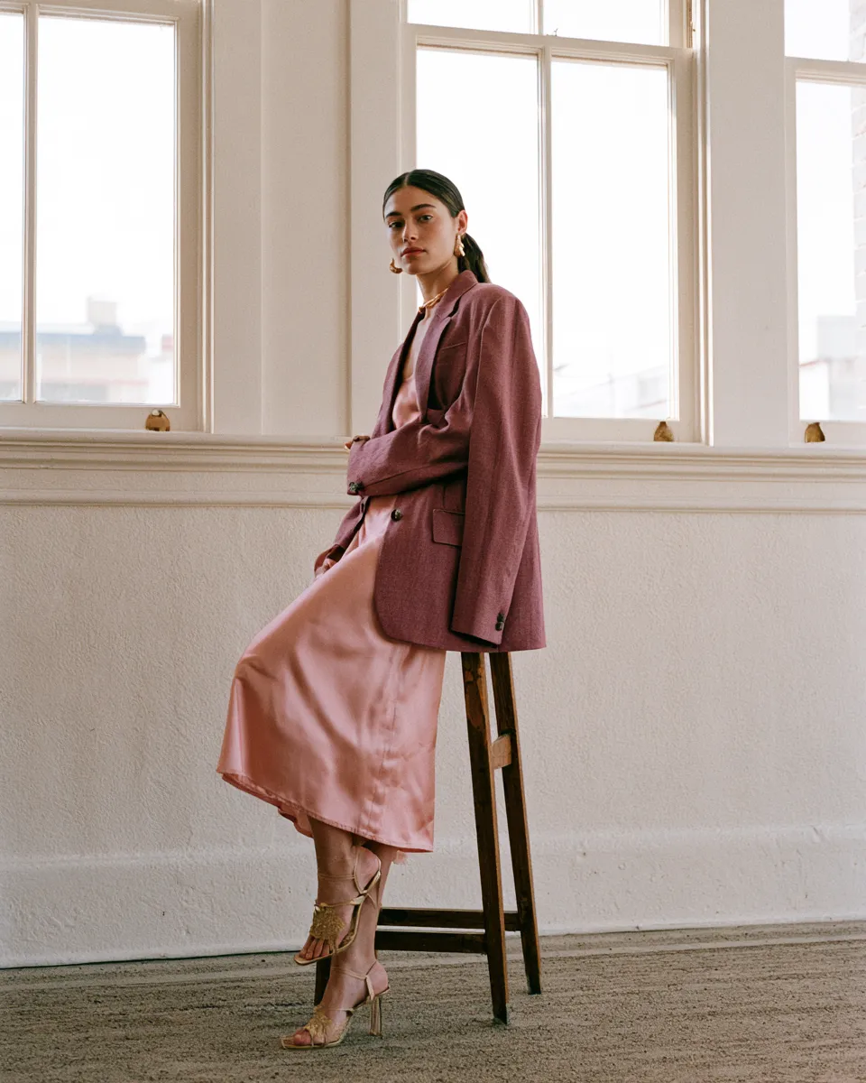 bridal shower attire ideas for bridesmaids satin midi dress blazer styling