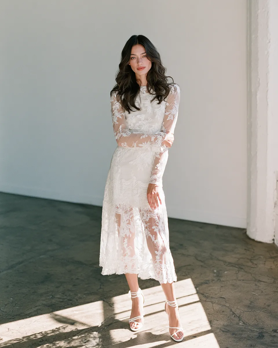 bride to be bridal shower outfit ideas white lace midi dress standing pose