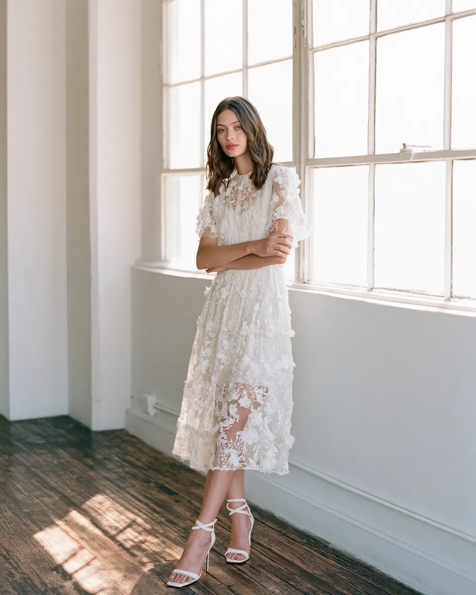bridal shower dress ideas for the bride white lace embroidered midi look